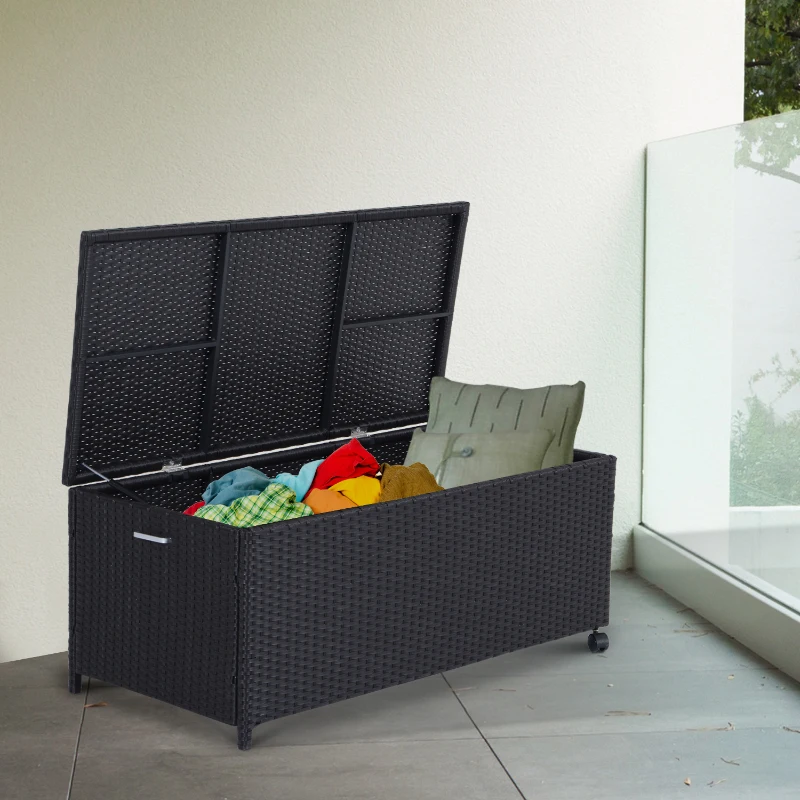 Outsunny Coffre malle de rangement 120 x 55 x 48 cm double roulettes résine tressée 4 fils imitation rotin brun foncé