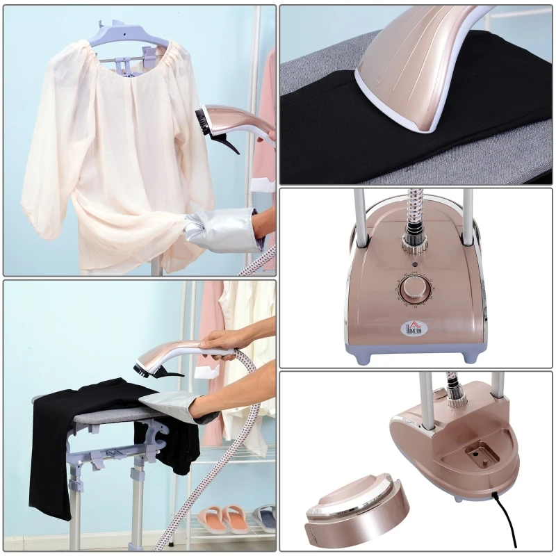 HOMCOM Défroisseur à vêtements 1800 W planche à repasser intégrée réservoir d'eau 2,4 L tige telescopique gant + cintre fournis coloris champagne
