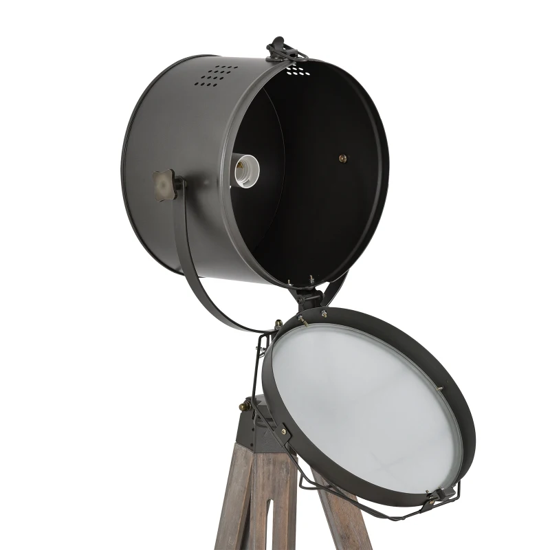 HOMCOM Lampadaire trépied projecteur Style Industriel néo-rétro Hauteur réglable 63l x 63P x 111-151H cm Bois gris métal noir