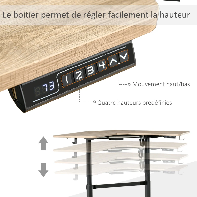Vinsetto Bureau assis-debout électrique bureau d'angle réglable en hauteur panneaux de particules alu 167 x 101 x 72-122 cm bois naturel et noir