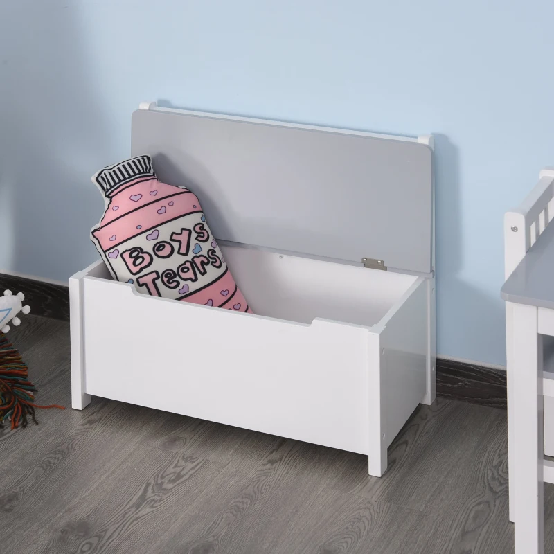 HOMCOM Banc Coffre 2 en 1 pour Enfant avec Compas d'abattant et Dossier ajouré - Pieds Bois de pin - Structure MDF Blanc Gris