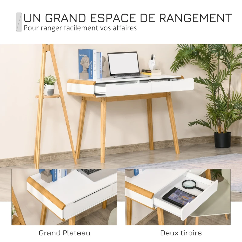 HOMCOM Bureau secrétaire Style scandinave dim. 100L x 45l x 73H cm 2 Grands tiroirs MDF Blanc Bois Massif Bambou