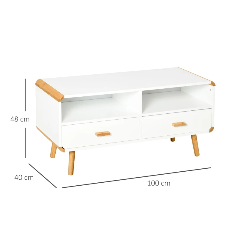 HOMCOM Meuble TV Bas sur Pieds Style scandinave 2 niches 2 tiroirs MDF Blanc Bois Massif Bambou