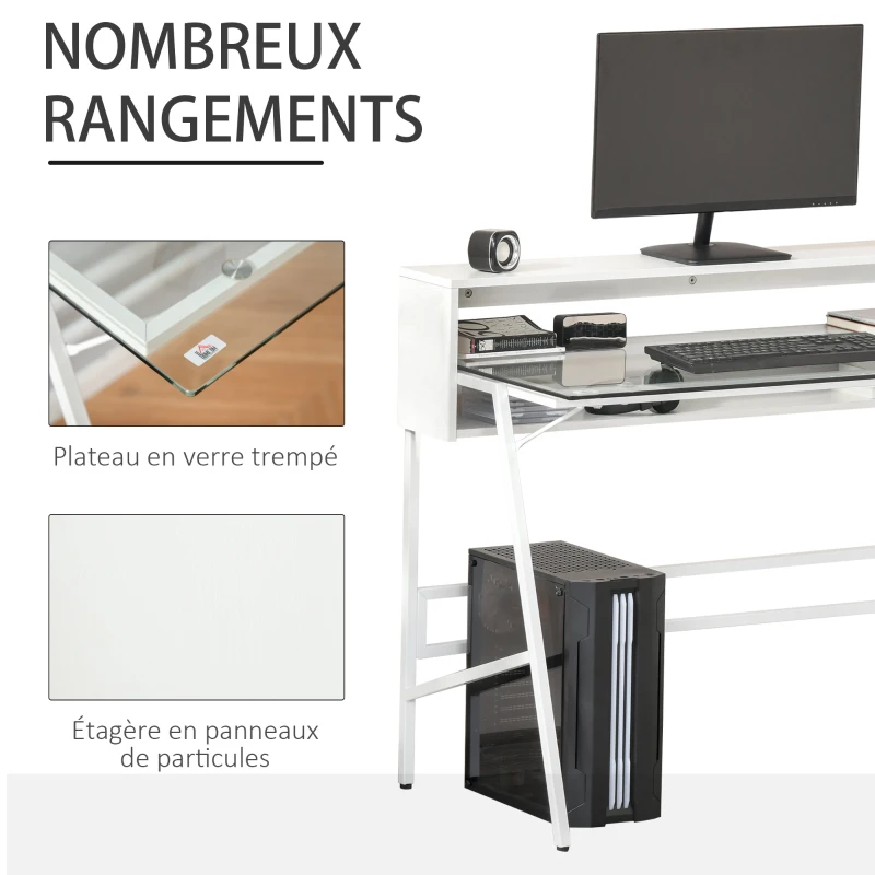 HOMCOM Bureau informatique bureau secrétaire en verre multimédia contemporain 2 étagères arrières cadre en métal blanc