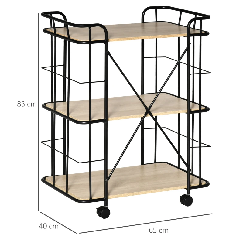 HOMCOM Desserte à roulettes avec Plateau en Bois, Chariot de Rangement à 3 Niveaux pour cuisine, salle bain, bureau