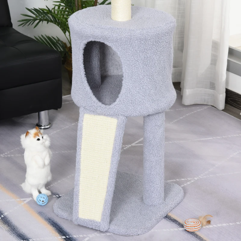 PawHut Arbre à chat griffoir grattoir centre d'activités plateforme niche boule suspendue gris