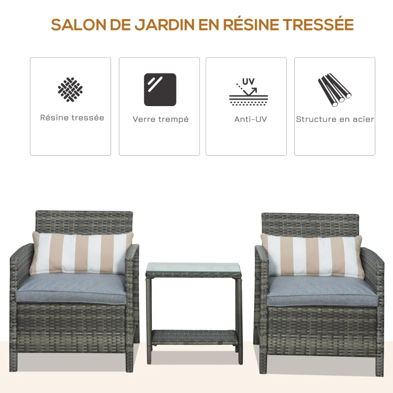 Outsunny Ensemble salon de jardin en résine tressée 3 pièces 2 fauteuils + table basse verre trempé coussins d'assise coussins lombaires déhoussables fournis acier 63 x 68 x 78 cm gris