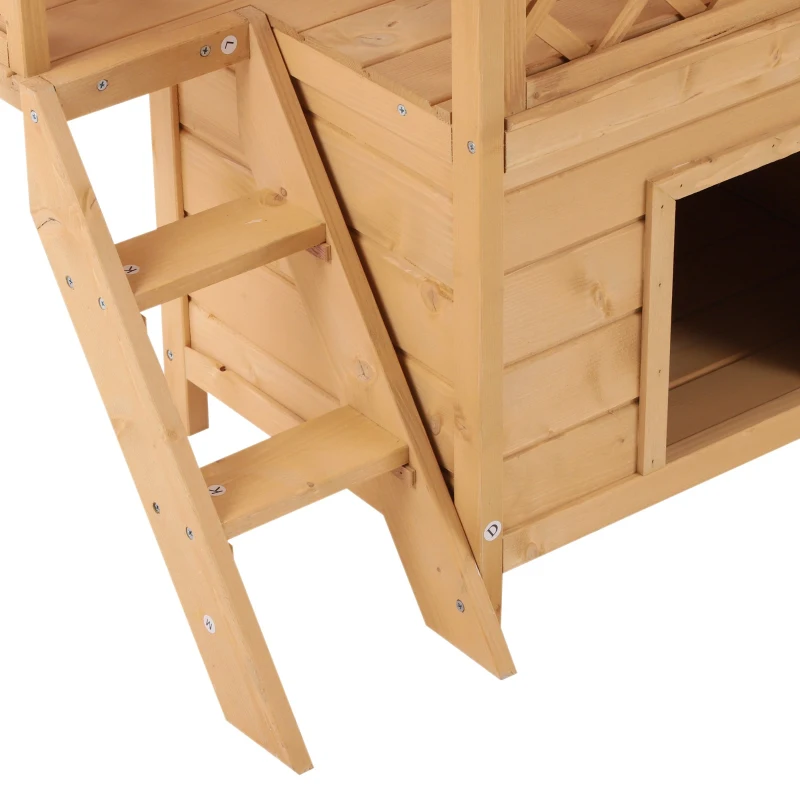 PawHut Maison lodge pour chats sauvage errants - niche villa avec terrasse, escalier, toit pour chien chat - 77 x 50 x 73 cm - naturel et vert