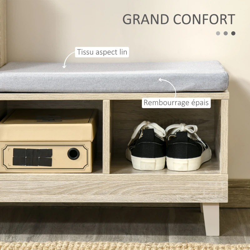 HOMCOM Meuble Chaussures Banc à Chaussures Design Urban Craft 3 tiroirs 2 niches Coussin Gris Inclus MDF Aspect chêne Clair