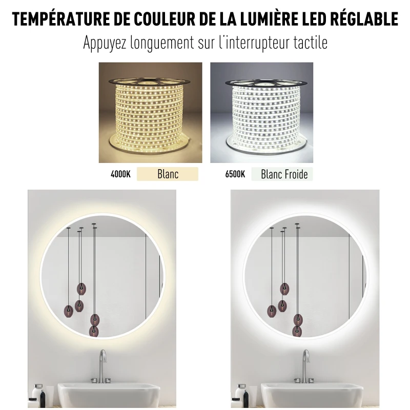 HOMCOM Miroir Rond Lumineux LED de Salle de Bain 28 W Argenté
