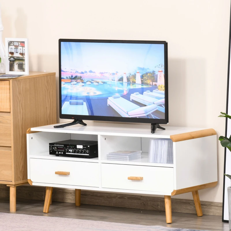 HOMCOM Meuble TV Bas sur Pieds Style scandinave 2 niches 2 tiroirs MDF Blanc Bois Massif Bambou