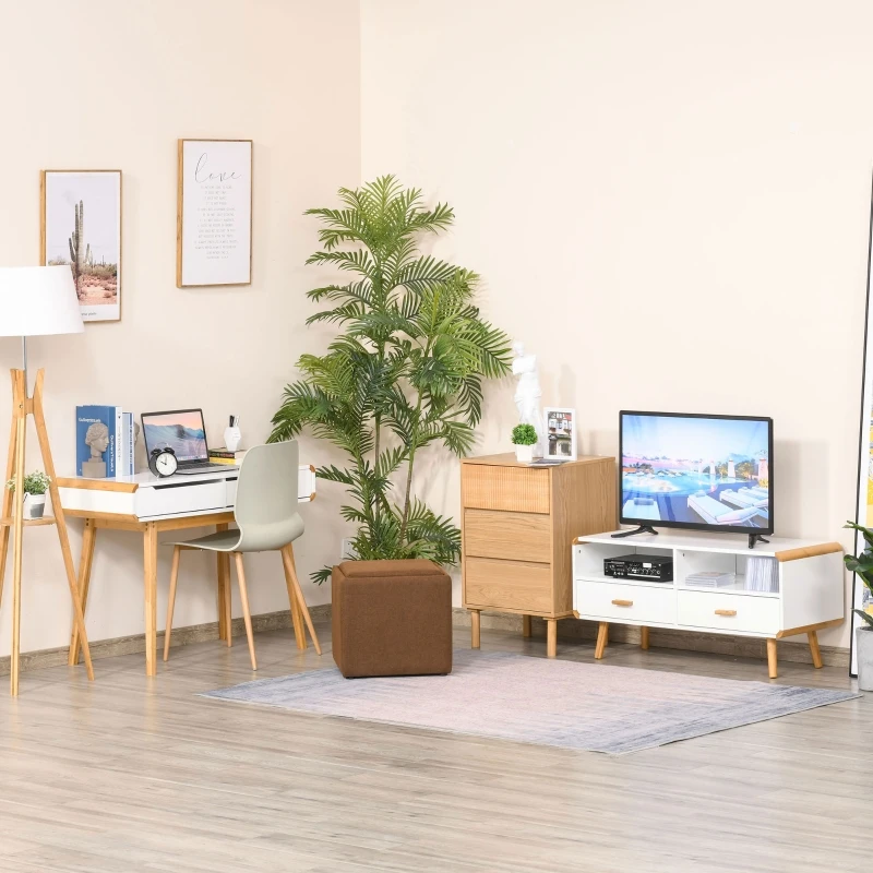 HOMCOM Meuble TV Bas sur Pieds Style scandinave 2 niches 2 tiroirs MDF Blanc Bois Massif Bambou