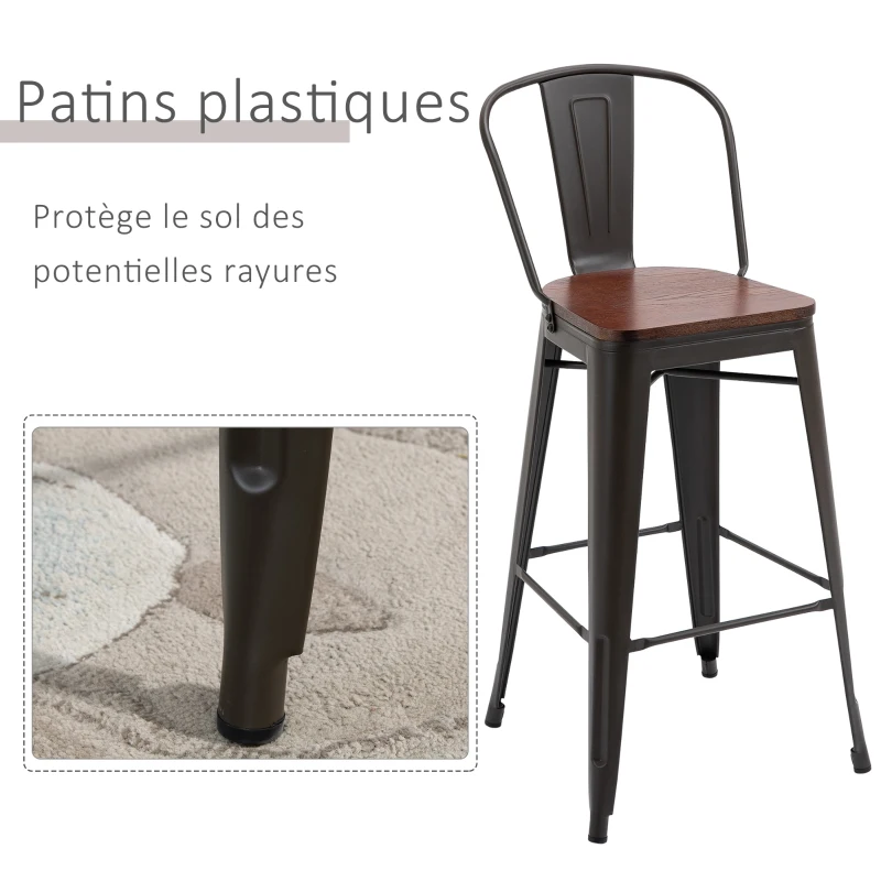 HOMCOM Lot de 4 tabourets de Bar Industriel avec Dossier Repose-Pied Hauteur Assise 76 cm métal café foncé Panneaux Multicouches Imitation Bois chêne foncé