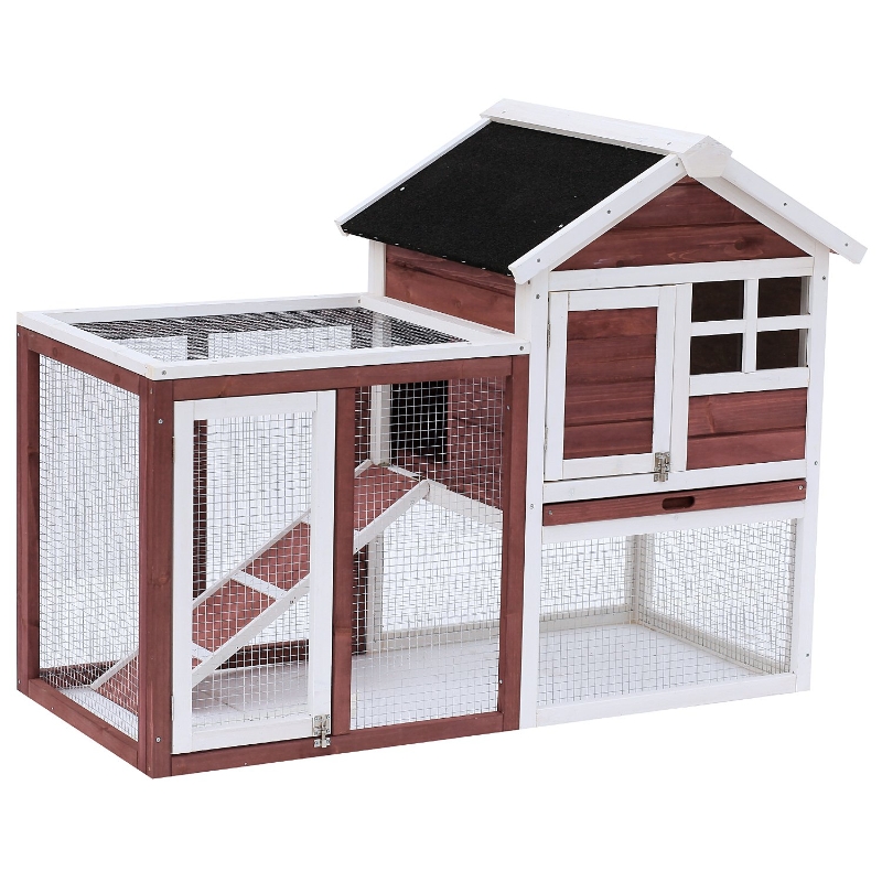PawHut Cage à Lapin en Bois Rouge et Blanche 122 x 63 x 92 cm