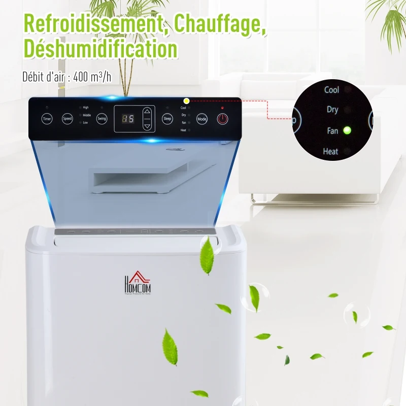 HOMCOM Climatiseur portable réversible froid chaud 12000 BTU/h max. - ventilateur, déshumidificateur - réfrigérant naturel R290 - télécommande - débit d'air 400 m³/h - blanc