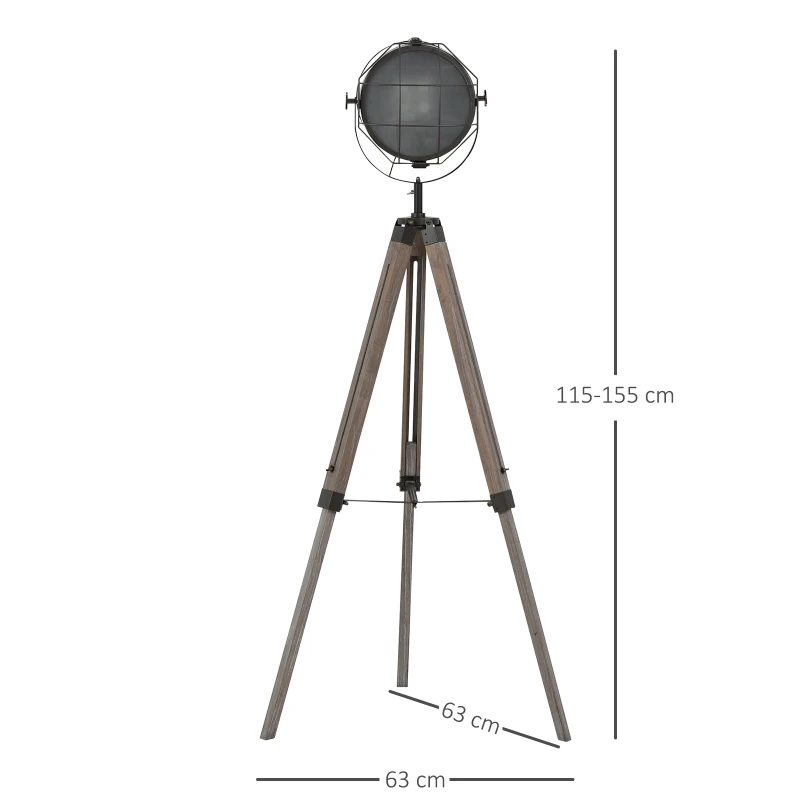 HOMCOM Lampadaire trépied projecteur Style Industriel néo-rétro Hauteur réglable 63l x 63P x 111-151H cm Bois gris métal noir