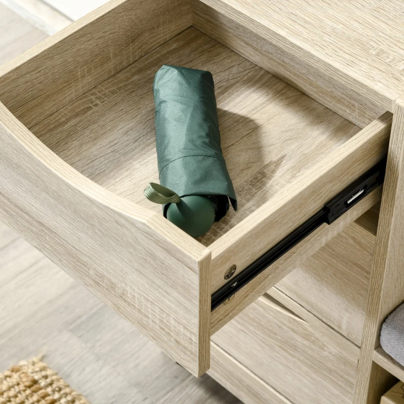 HOMCOM Meuble Chaussures Banc à Chaussures Design Urban Craft 3 tiroirs 2 niches Coussin Gris Inclus MDF Aspect chêne Clair