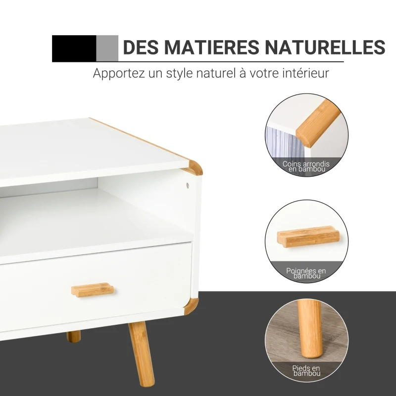HOMCOM Meuble TV Bas sur Pieds Style scandinave 2 niches 2 tiroirs MDF Blanc Bois Massif Bambou