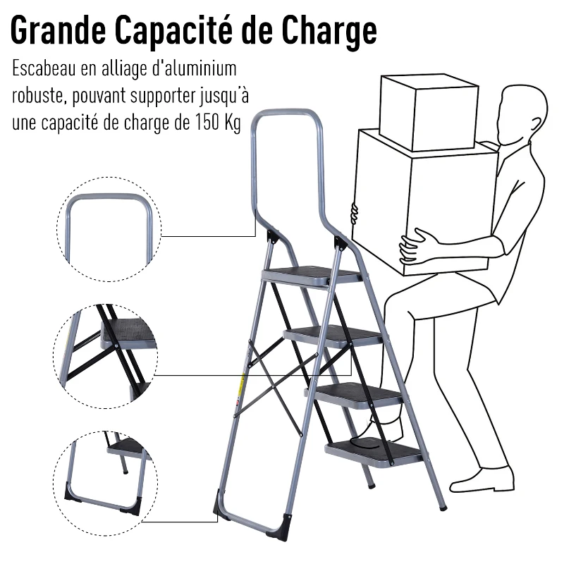 HOMCOM Marchepied escabeau pliant antidérapant hauteur max. 155 cm charge max. 150 Kg acier gris et noir