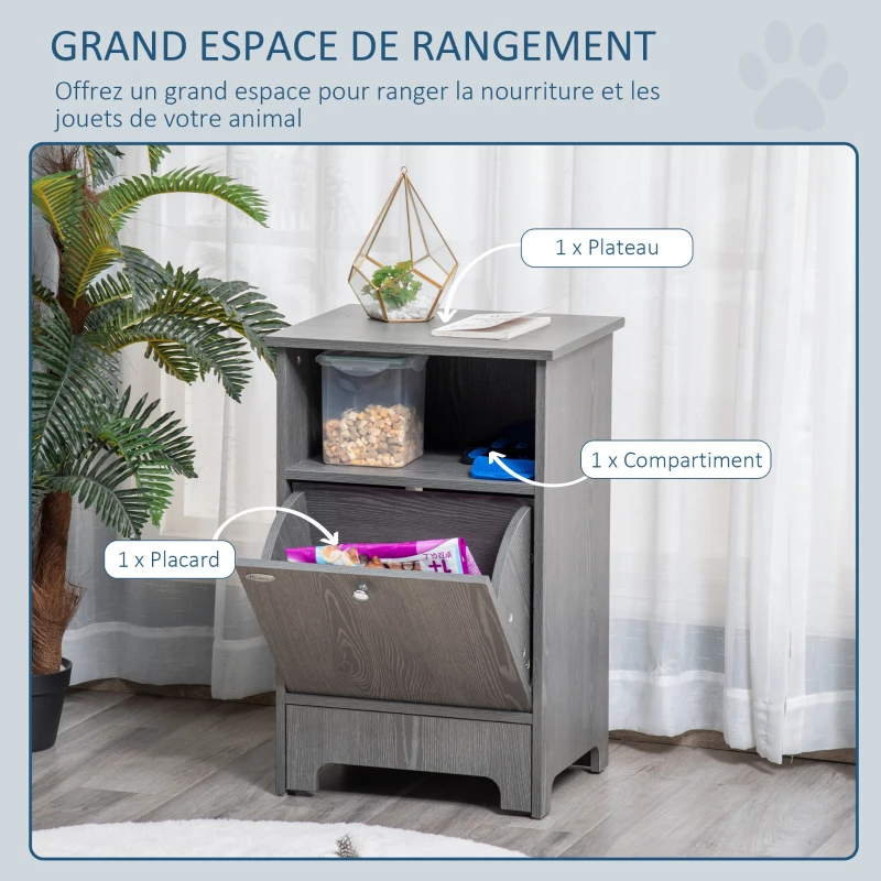 PawHut Gamelle de base chien chat meuble de rangement pour animaux - autopetfeeder station - placard porte basculante - tiroir coulissant 2 gamelles acier inox. intégrées - aspect bois gris