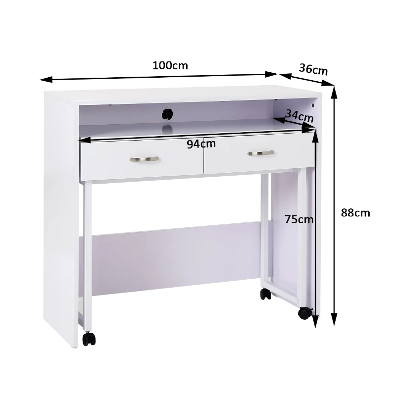 HOMCOM Bureau console 2 en 1 style contemporain sur roulettes multi-rangement blanc