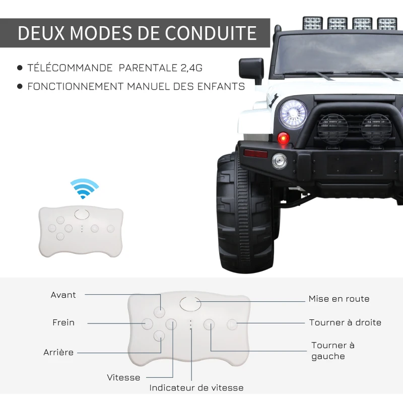 HOMCOM Voiture 4x4 électrique 12 V + télécommande 128L x 78l x 76H cm Enfants 3 à 8 Ans Effets Lumineux sonores Lecteur MP3 Blanc