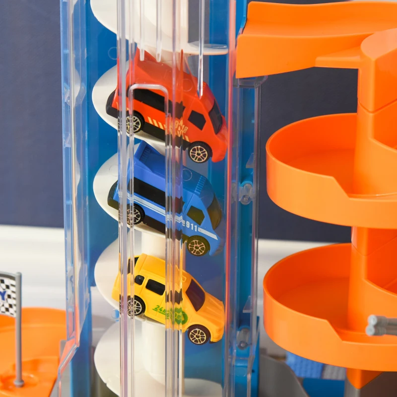 HOMCOM Garage Parking Voitures Enfant - 3 Niveaux, 6 Voitures, Ascenseur, rampes en Spirale, 15 Places stationnement - PP ABS Orange Gris Bleu
