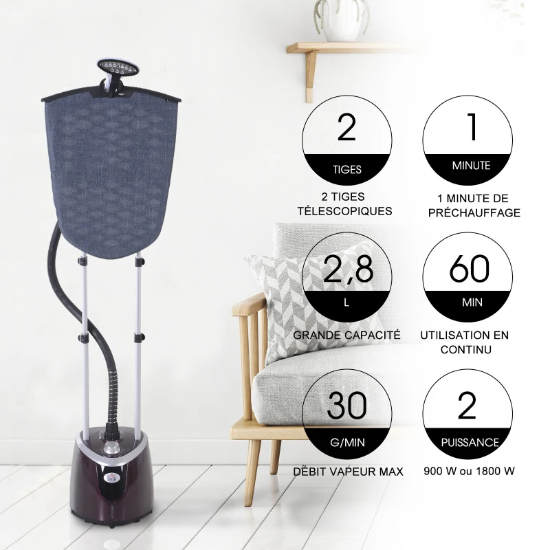 HOMCOM Défroisseur à vêtements 1800 W planche à repasser intégrée réservoir d'eau 2,8 L tige telescopique gant + cintre fournis violet