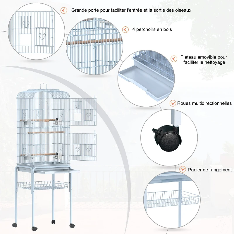 PawHut Cage à oiseaux sur pied volière oiseaux sur roulettes avec toit ouvrant 3 perchoirs étagère inférieure 46,5 x 36 x 157 cm