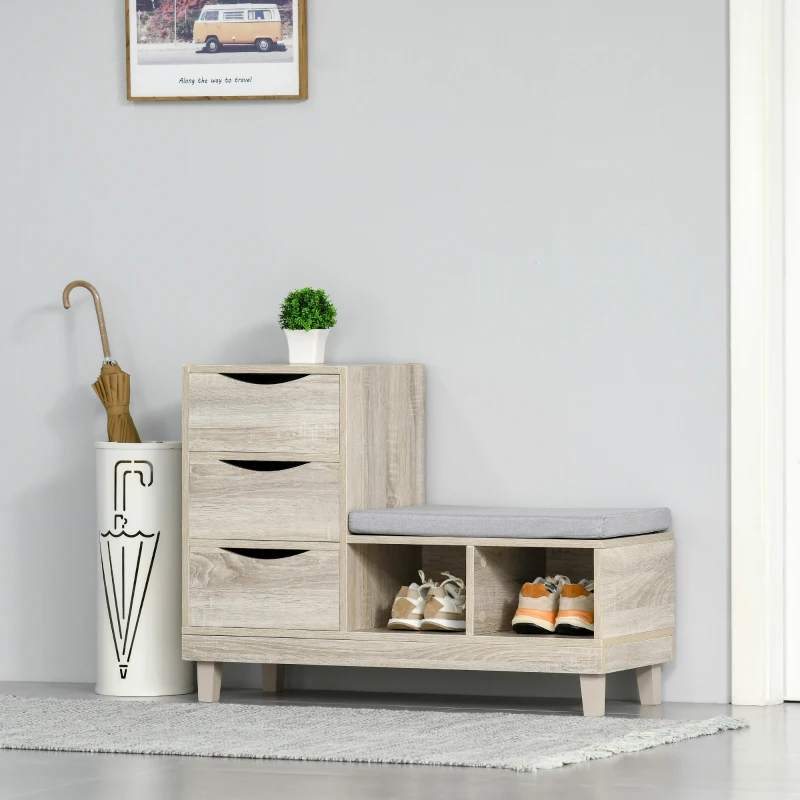 HOMCOM Meuble Chaussures Banc à Chaussures Design Urban Craft 3 tiroirs 2 niches Coussin Gris Inclus MDF Aspect chêne Clair