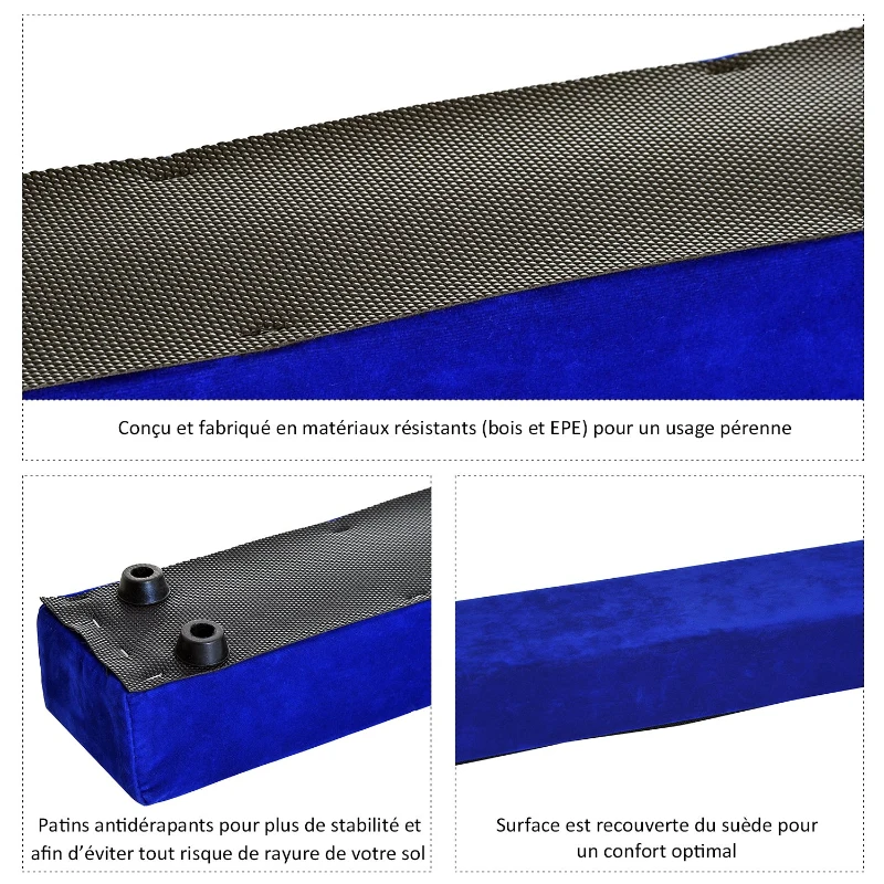 HOMCOM Poutre de gymnastique pliable poutre d'équilibre antidérapante 2,4 m revêtement daim bleu