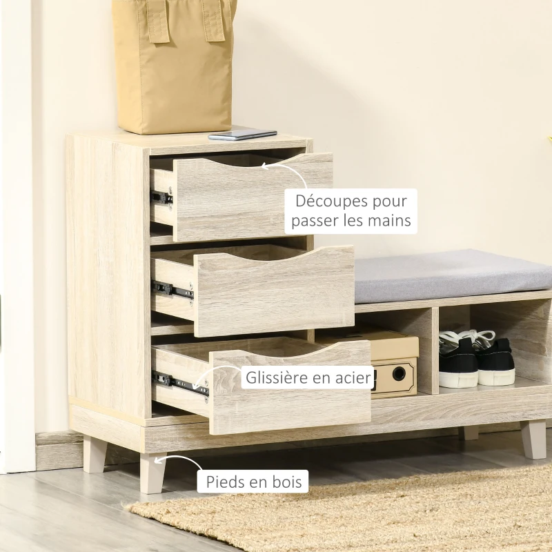 HOMCOM Meuble Chaussures Banc à Chaussures Design Urban Craft 3 tiroirs 2 niches Coussin Gris Inclus MDF Aspect chêne Clair