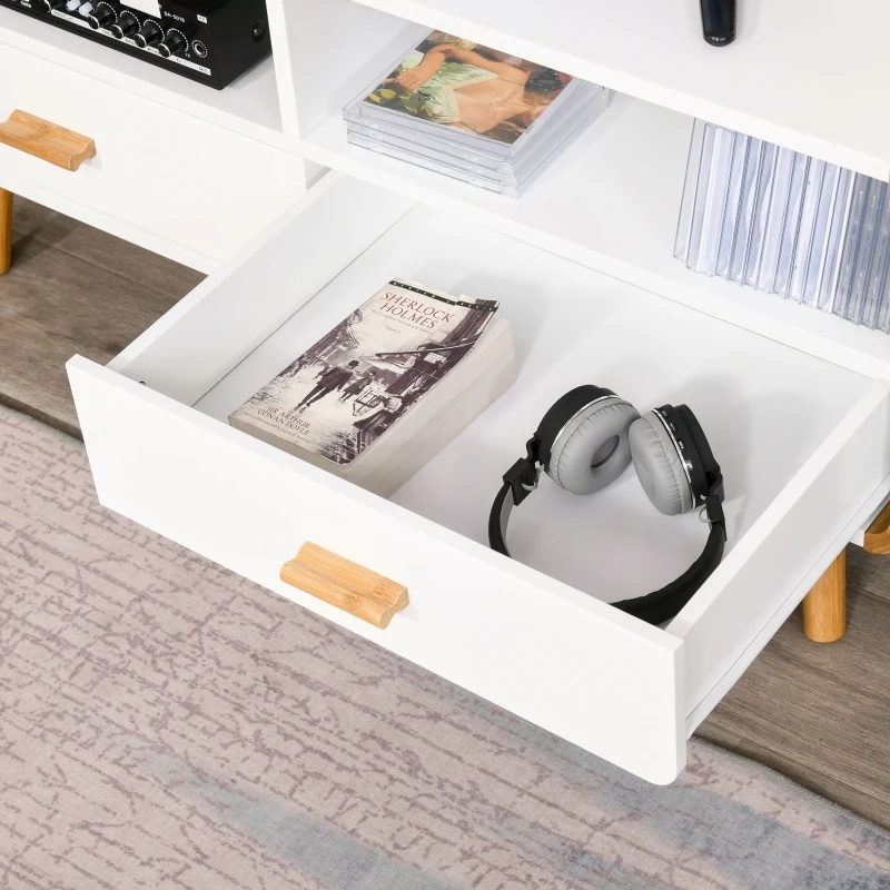 HOMCOM Meuble TV Bas sur Pieds Style scandinave 2 niches 2 tiroirs MDF Blanc Bois Massif Bambou