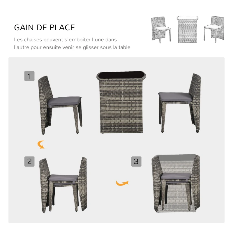 Outsunny Ensemble salon de jardin encastrable 3 pièces plateau table verre trempé + lot de 2 chaises coussins résine tressée grise