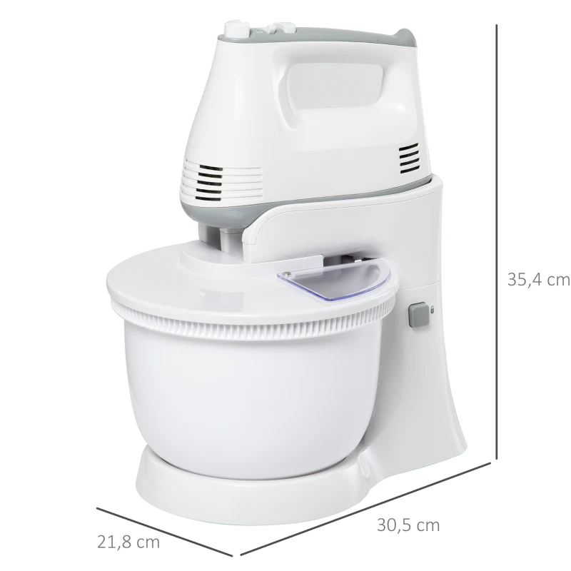 HOMCOM Robot Pâtissier Multifonction batteur électrique de Cuisine 2 en 1 Batteur à Main - 5 Vitesses + Fonction Turbo - 300 W Bol 3,4 L - 2 fouets + 2 Crochets à pâte - Blanc