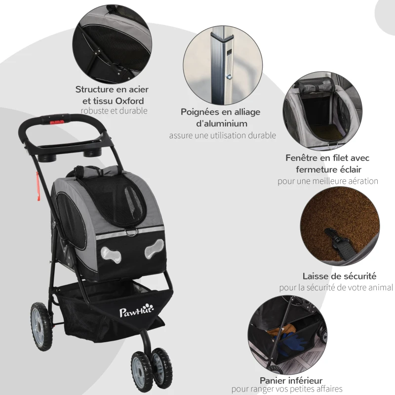 PawHut Poussette pliable chien chat chariot de voyage animaux de compagnie sac de transport à bandoulière à dos à main ou à roulettes 5 en 1 acier oxford gris noir