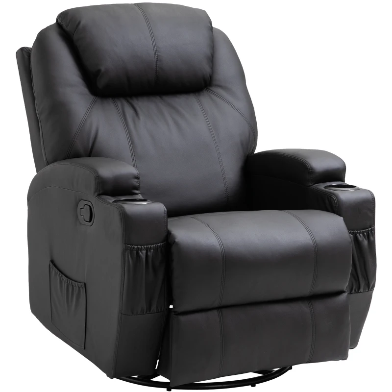 HOMCOM Fauteuil de massage relaxation électrique chauffant inclinable pivotant 360° avec repose-pied ajustable revêtement synthétique noir