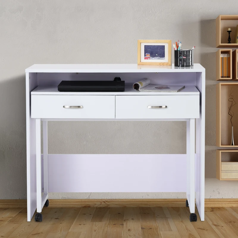 HOMCOM Bureau console 2 en 1 style contemporain sur roulettes multi-rangement blanc