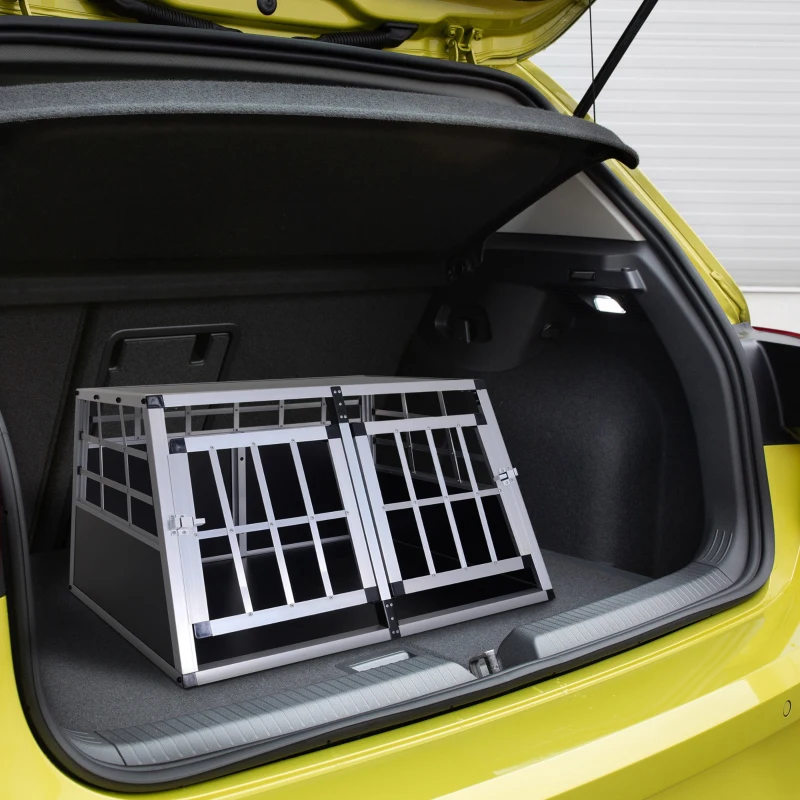PawHut Cage de transport pour chien animaux aluminium XL caisse boîte box de transport voiture double porte verrouillable forme trapeze 89,5 x 68,5 x 50 cm argent noir