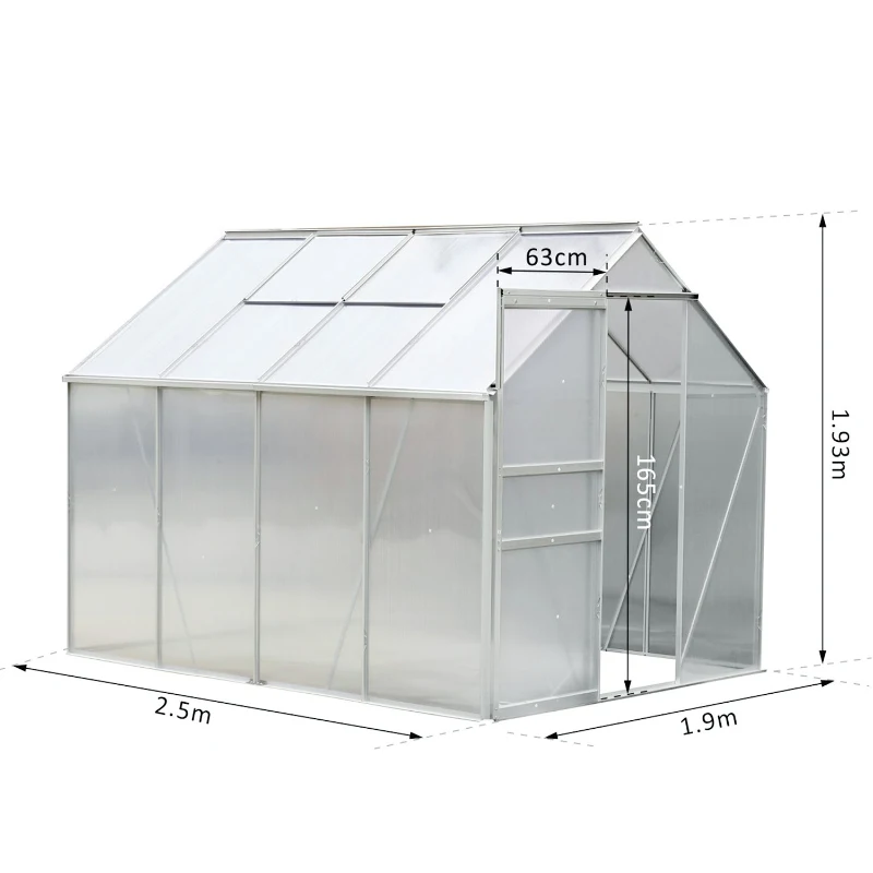 Outsunny Serre de jardin aluminium polycarbonate 9,17 m³ 2,5L x 1,9l x 1,93H m avec fenêtres et porte coulissante