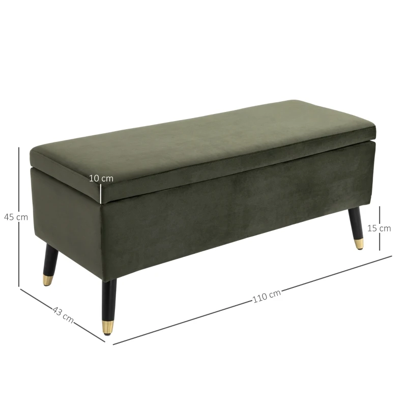 HOMCOM Banc de Rangement en Velours Coffre Rangement Tabouret avec Pieds en Bois Multifonction Design Simple et Moderne Idéal pour Salon Chambre Salle de Bain Entrée 110 x 43 x 45 cm Vert Foncé