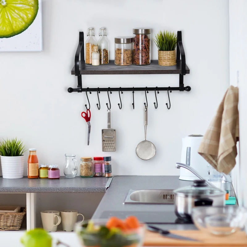 HOMCOM Étagère murale flottante en bois de sapin et métal - étagère de cuisine à ustensiles - 8 crochets amovibles - gris noir