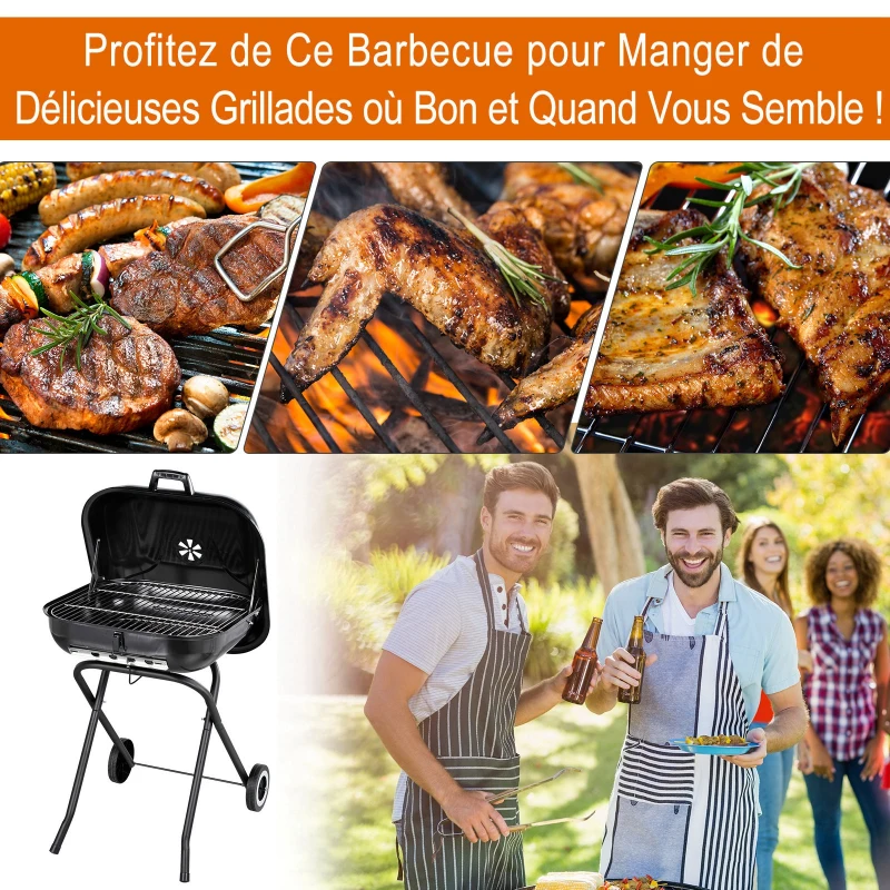 Outsunny Barbecue à Charbon Pliable BBQ Grill sur Pied avec Couvercle et roulettes dim. 57L x 70l x 86H cm Acier émaillé Noir