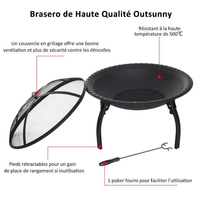 Outsunny brasero boule de feu cheminée foyer extérieur 71L x 71l x 42H cm pieds rétractables grille à charbon couvercle tisonnier métal noir