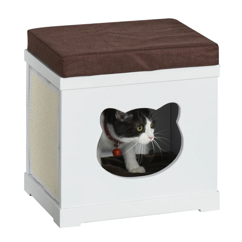 Pawhut Maison pour chat design 2 grattoirs amovibles plateau avec coussin lavable 2 entrées tête chat MDF 41 x 30 x 36 cm blanc et marron