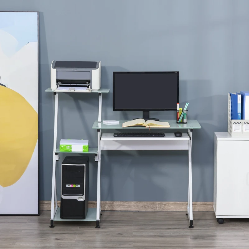 HOMCOM Bureau informatique design contemporain plateau + 3 étagères verre plateau clavier châssis métal blanc