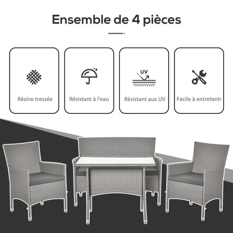Outsunny Salon de jardin 4 places 4 pièces - canapé 2 places, 2 fauteuils, table à manger - 3 coussins inclus - résine tressée imitation rotin gris