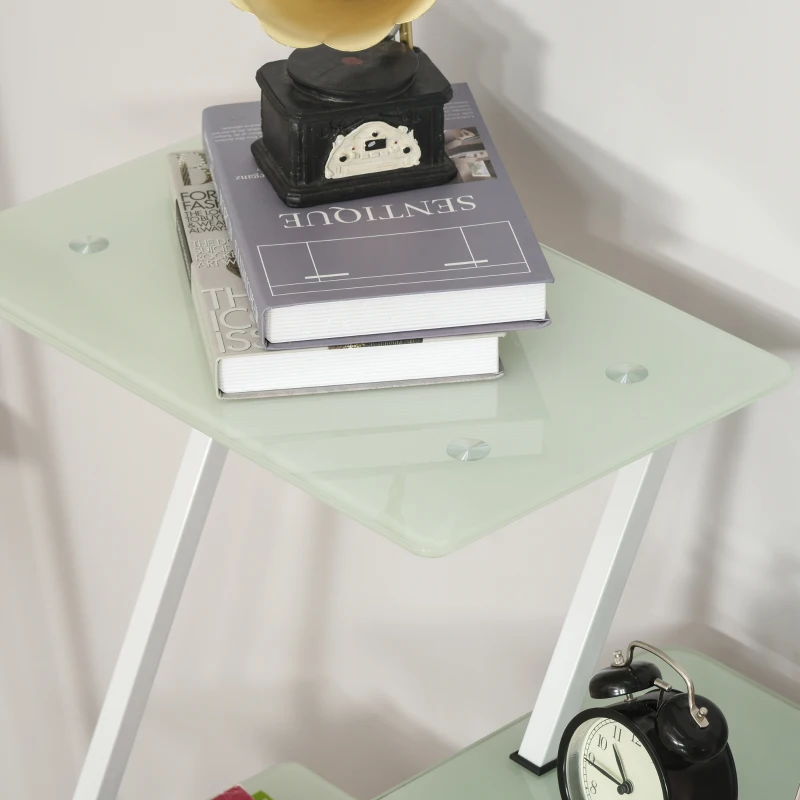 HOMCOM Bureau informatique design contemporain plateau + 3 étagères verre plateau clavier châssis métal blanc