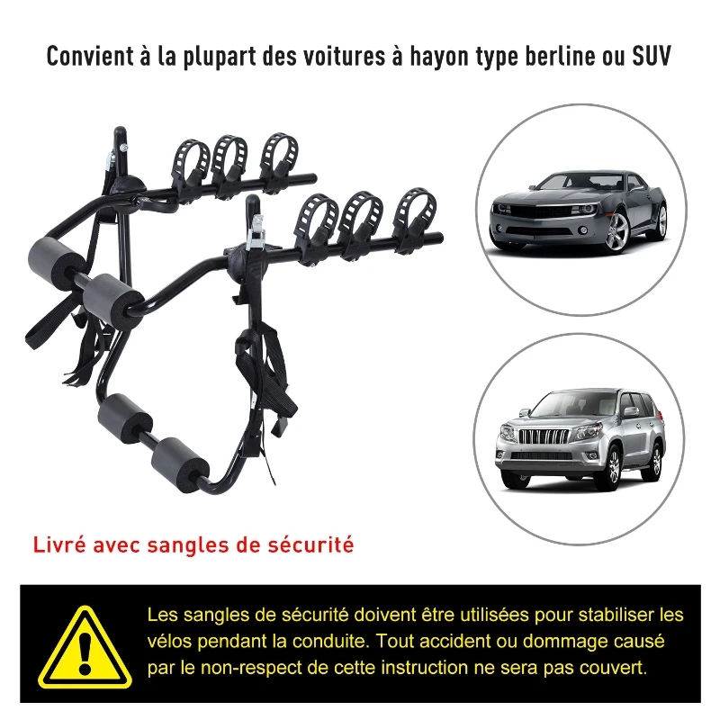 HOMCOM Porte-vélo pour 3 vélos - installation sur hayon - 6 sangles de sécurité - pliable - métal époxy noir