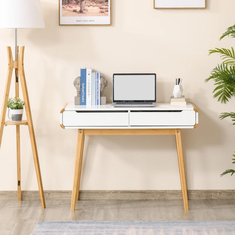 HOMCOM Bureau secrétaire Style scandinave dim. 100L x 45l x 73H cm 2 Grands tiroirs MDF Blanc Bois Massif Bambou
